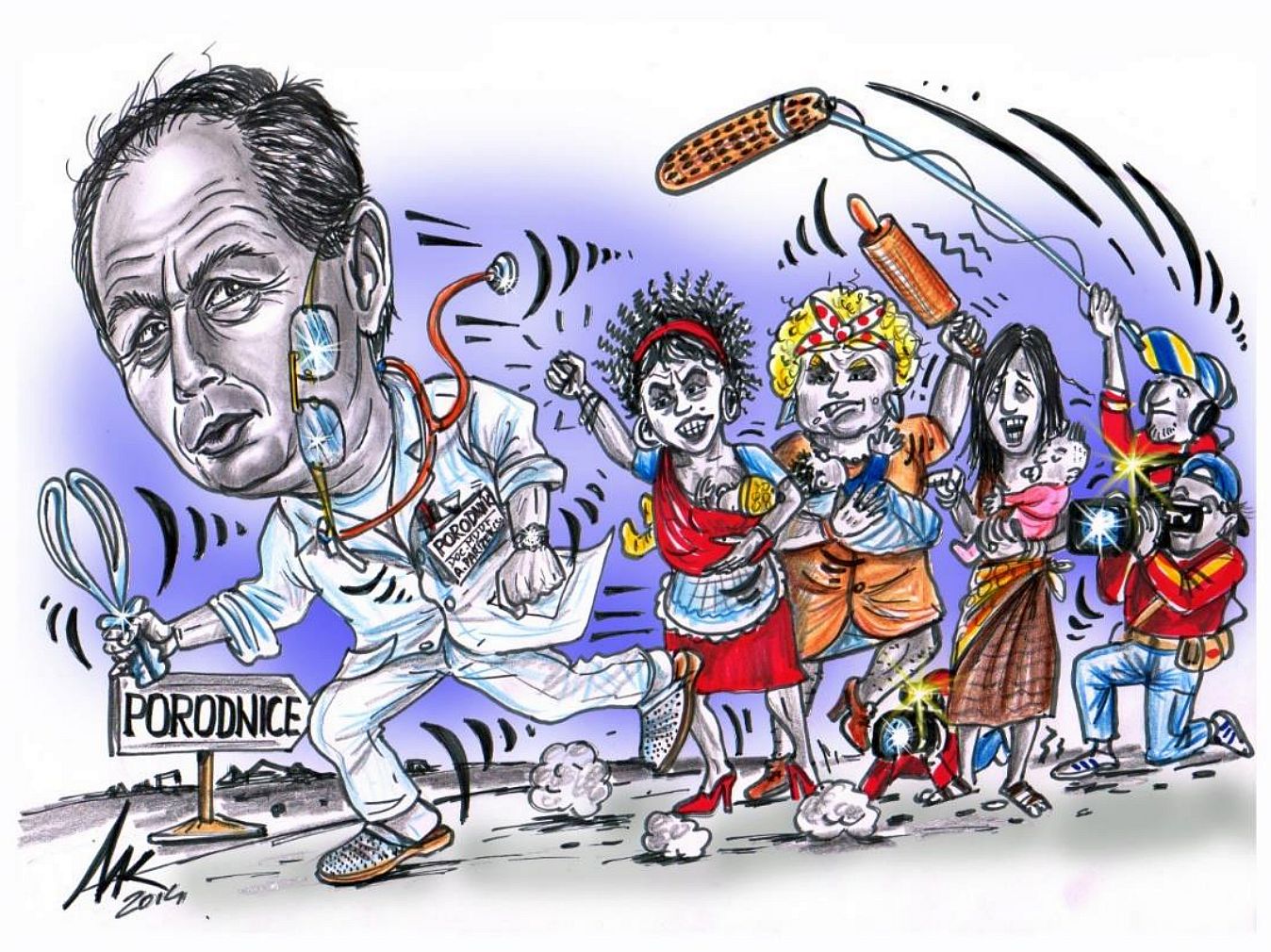 Prof. Pařízek (zcela vlevo) pronásledován lesanami a médii, jimž se z vrozené skromnosti spíše vyhýbá.